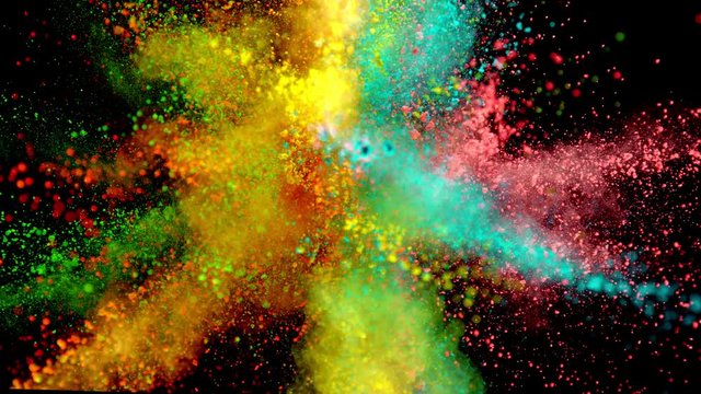 Colorful powder exploding on black background in super slow motion, close-up.