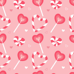Sweet seamless pattern. Wrapping paper pink caramel candy cane. Party celebration background template design. Cloth textile creative modern concept. Fabric, wallpaper.