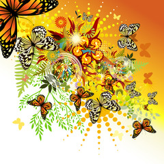 Abstraction summer. Flowers with butterflies. Vector illustration