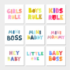Vector set of illustrations with hand drawn lettering - Kids Rule. Colorful typography design in Scandinavian style for postcard, banner, t-shirt print, invitation, greeting card, poster