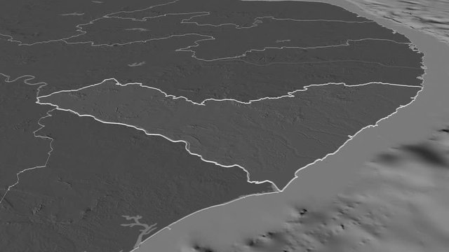 Alagoas, state with its capital, zoomed and extruded on the bilevel map of Brazil in the conformal Stereographic projection. Animation 3D