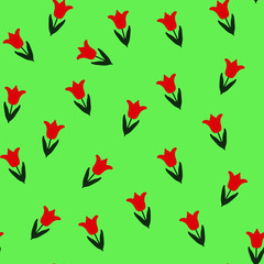 Trendy red Wildflower tulip seamless pattern . Spring florals on green  background, texture, wrapper pattern