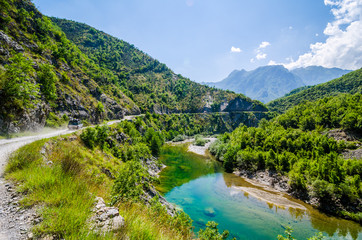 Fototapeta na wymiar River Kiri near Prekal in Maranai Park in Albania with turquoise blue water