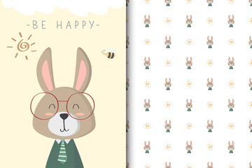 Cute bunny illustration with seamless pattern in the white backdrop