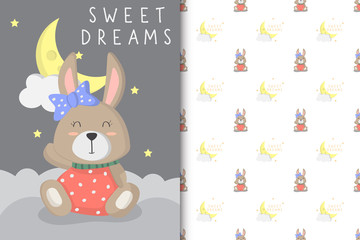 Cute baby bunny illustration with Seamless patternt in the white backdrop