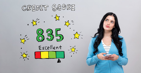 Excellent credit score theme with thoughtful young woman holding a smartphone