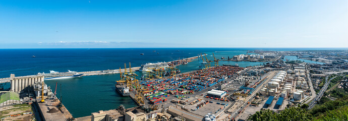 View on Port of Barcelona, cargo and shipping terminal from Montjuic hill