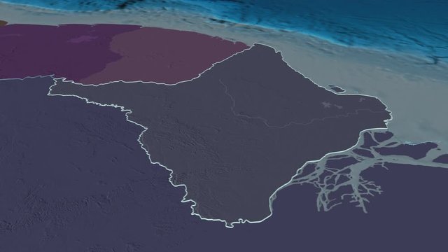 Amap&aacute;, state with its capital, zoomed and extruded on the administrative map of Brazil in the conformal Stereographic projection. Animation 3D