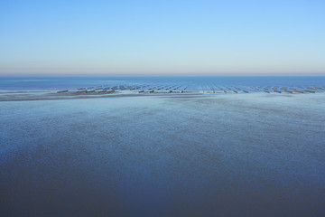 View of Bouchot mussels farming in the Atlantic Ocean in the Baie de Saint Brieuc at low tide from the Pointe des Guettes in Cotes d’Armor, Brittany, France