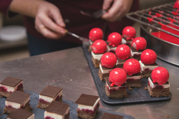 French mousse cakes with mirror glaze.