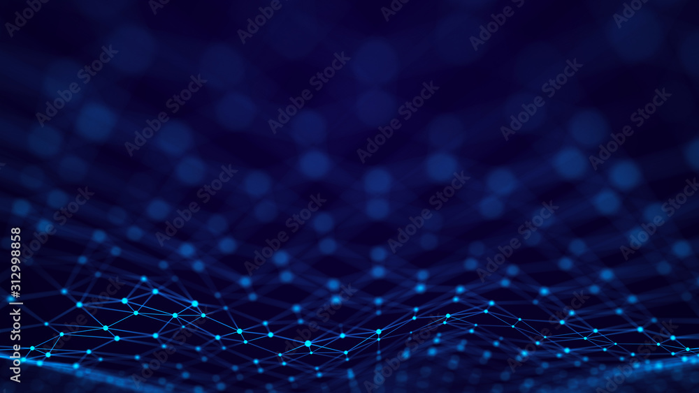 Fototapete Futuristic abstract mesh. Wave with the connection of dots and lines. 3D rendering.