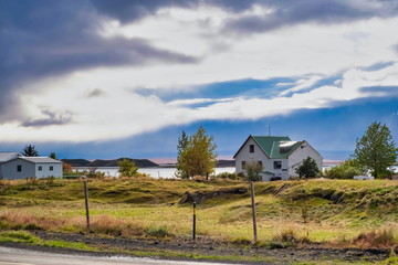 Local houses in a field Reykjahl&iacute;&eth;,