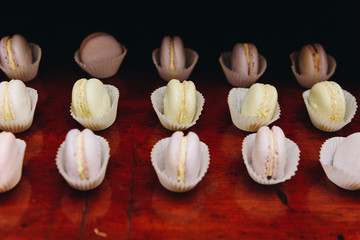French macarons or macaroons laid out for guests at a party or reception