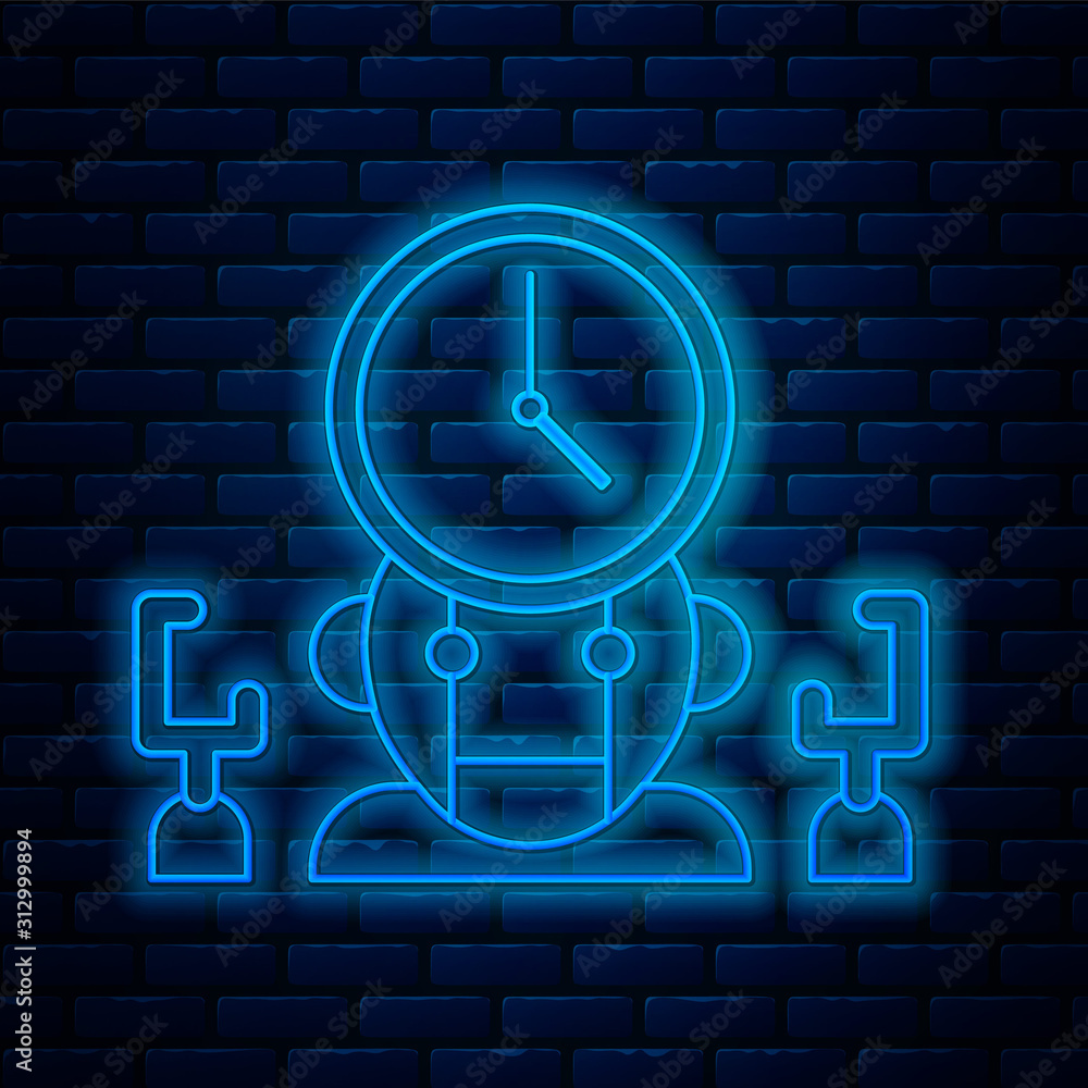 Poster glowing neon line robot and digital time manager icon isolated on brick wall background. time manage