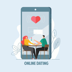 Internet digital scene, romantic people in love on date on the background of phone. Concept of online dating, virtual relations and dating app. Vector illustration in flat design for template, ui, web