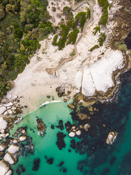 Aerial view of natural reserve penguins watching at Foxy Beach, South Africa.