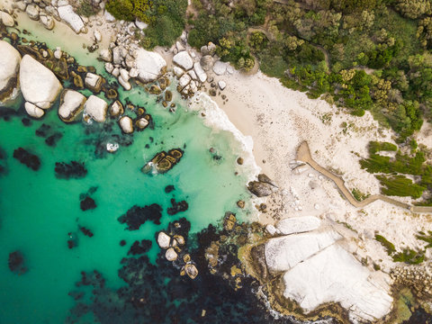 Aerial view of natural reserve penguins watching at Foxy Beach, South Africa.
