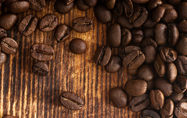 coffee seeds on yellow wooden background closeup