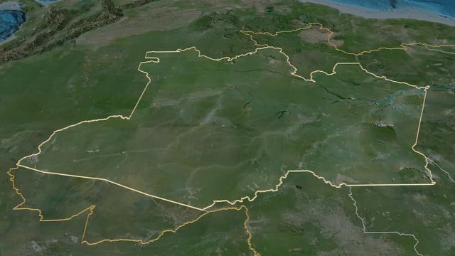 Amazonas, state with its capital, zoomed and extruded on the satellite map of Brazil in the conformal Stereographic projection. Animation 3D