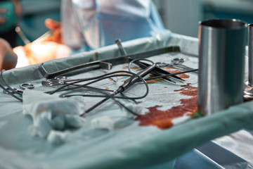 Close up of medical surgical equipment or tools being used for an operation in operating theater at...