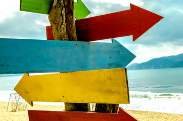 Wooden pointers on the beach. Happy new year 2020 at sea. No signposts for creative ideas