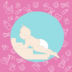 newborn baby climbs the stairs, pink background with childrens toys