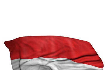wonderful Yemen flag with big folds lying flat in the bottom isolated on white - any occasion flag 3d illustration..
