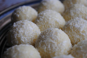 Raffaello - Coconut balls in a plate, close up view