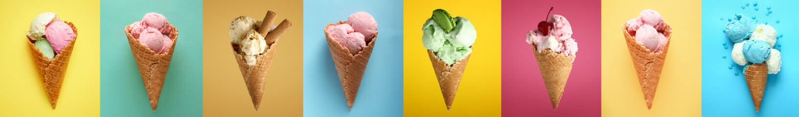 Collage with tasty ice-cream on color background