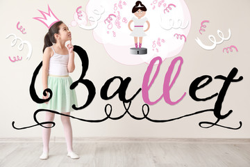 Cute little girl dreaming of becoming ballerina while standing near light wall