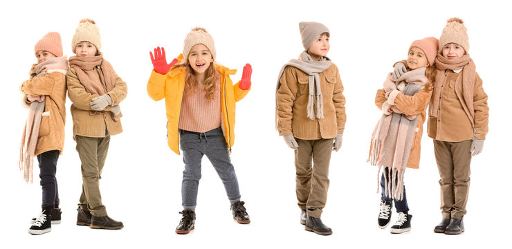 Set of children in winter clothes on white background