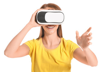 Young woman with virtual reality glasses on white background