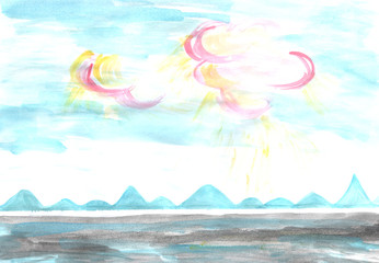 Fototapeta na wymiar Watercolour sea and sky. Beautiful design illustration. Art abstract backdrop color