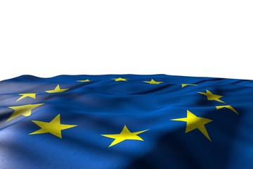 nice mockup image of European Union flag lying flat with perspective view isolated on white with space for content - any occasion flag 3d illustration..