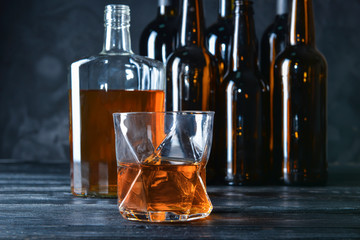 Different beverages on table. Concept of alcoholism