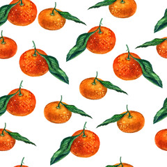 Watercolor tangerines seamless pattern on white background.