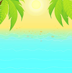 Fototapeta na wymiar Summertime empty background with sandy shoreline, palm trees and hot sun.