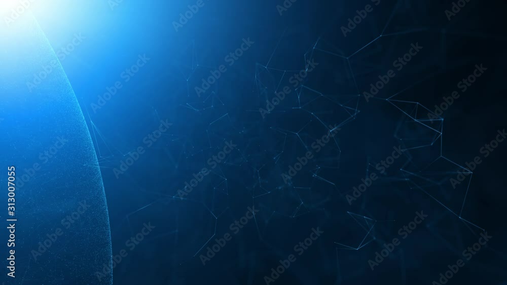 Poster blue shiny sphere with abstract digital lines copy space background.