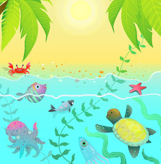Underwater life sea creatures tropical paradise cartoon background scene for children.
