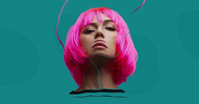 Surreal portrait of a beautiful woman with pink neon hair. Fashionable animation. 