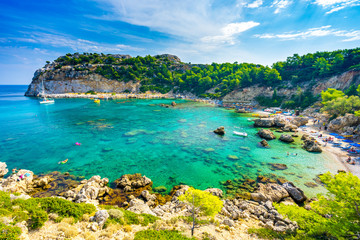 Beautiful turquoise water at Anthony Quinn Bay Rhodes Island Rodos Greece Europe