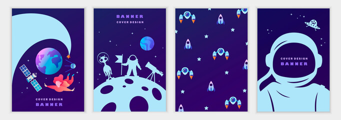 Set of space templates for banners, invitations, flyers, cards, flyers, covers. Science, planets, astronaut, universe. Vector children's illustration. Blue sky. Space trip.