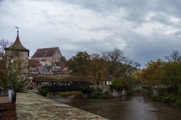 Fototapeta na wymiar Covered bridge and cityscape of Schwaebisch Hall Germany