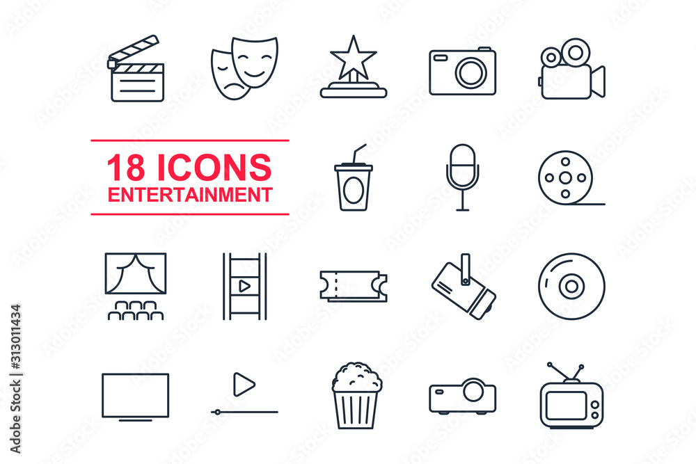 Fototapete Set Entertainment icon template color editable. Event pack symbol vector sign isolated on white background illustration for graphic and web design.