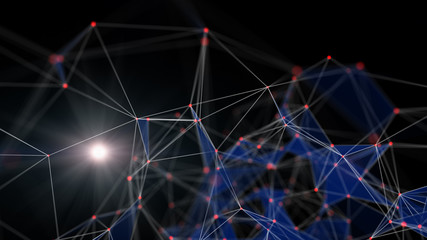 Technology network and communication with line and dot moving with transfer information data line and dot on blue background. Network background science concept.
