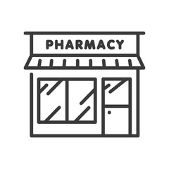 Pharmacy front black icon. Drug store. Sign for web page, mobile app, banner, social media. Pictogram UI UX user interface. Vector clipart. Editable stroke.