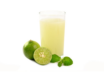 Glass of lime  juice  and lime slice isolated on white background.