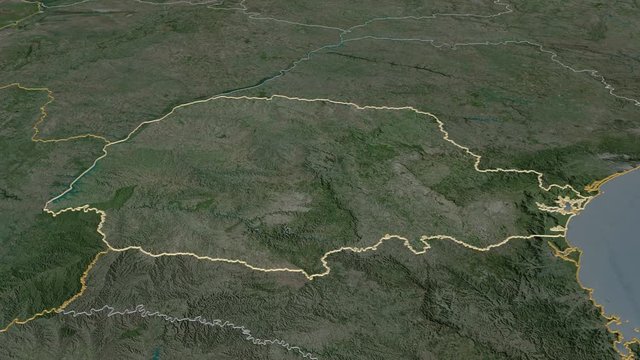 Paran&aacute;, state with its capital, zoomed and extruded on the satellite map of Brazil in the conformal Stereographic projection. Animation 3D