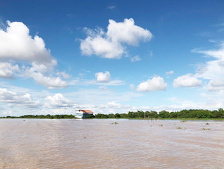 View of Tonle Sap, a large freshwater lake in Siem Reap, Cambodia. The picture was taken in  September 2019.