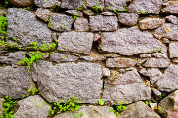 old stone wall with green moss and stones